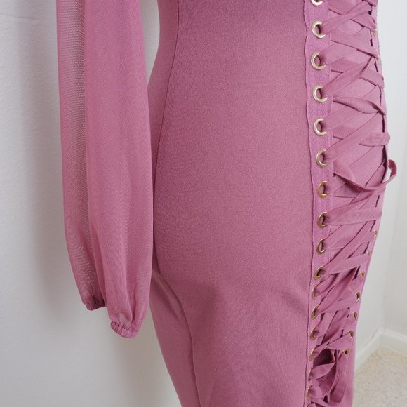 Iris Mauve Pink Sheer Mock Neck Long Sleeve Corset Lace Up SZ S Sexy Y2K Dress - Picture 11 of 14